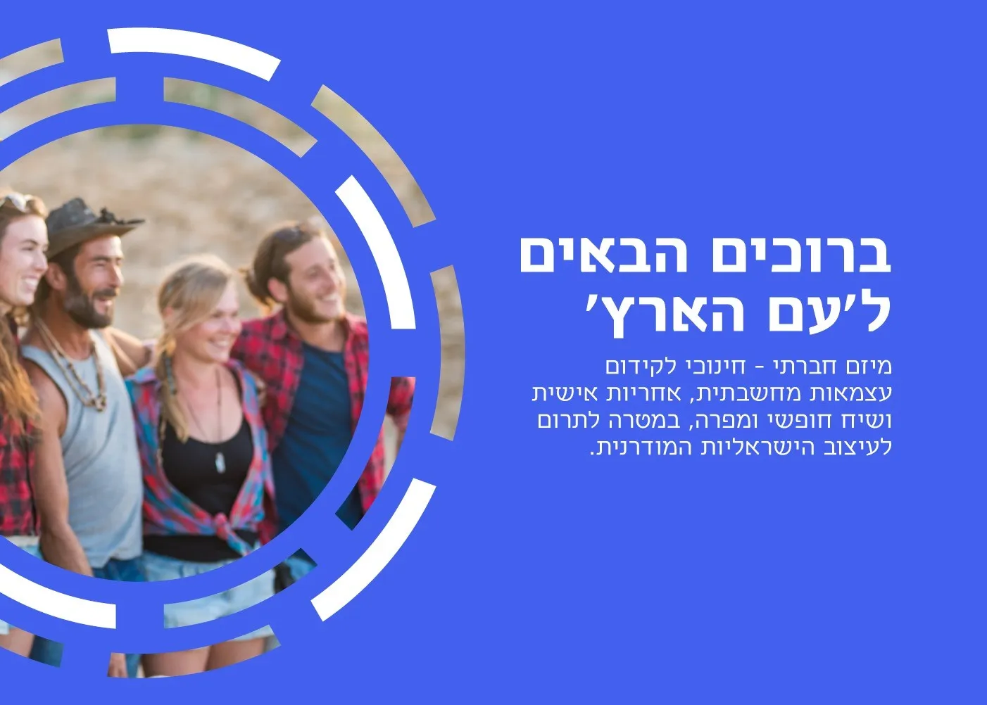 פוסט ברוכים הבאים לעם הארץ: צילום חברים בתוך מעגלים מקוטעים על רקע כחול
