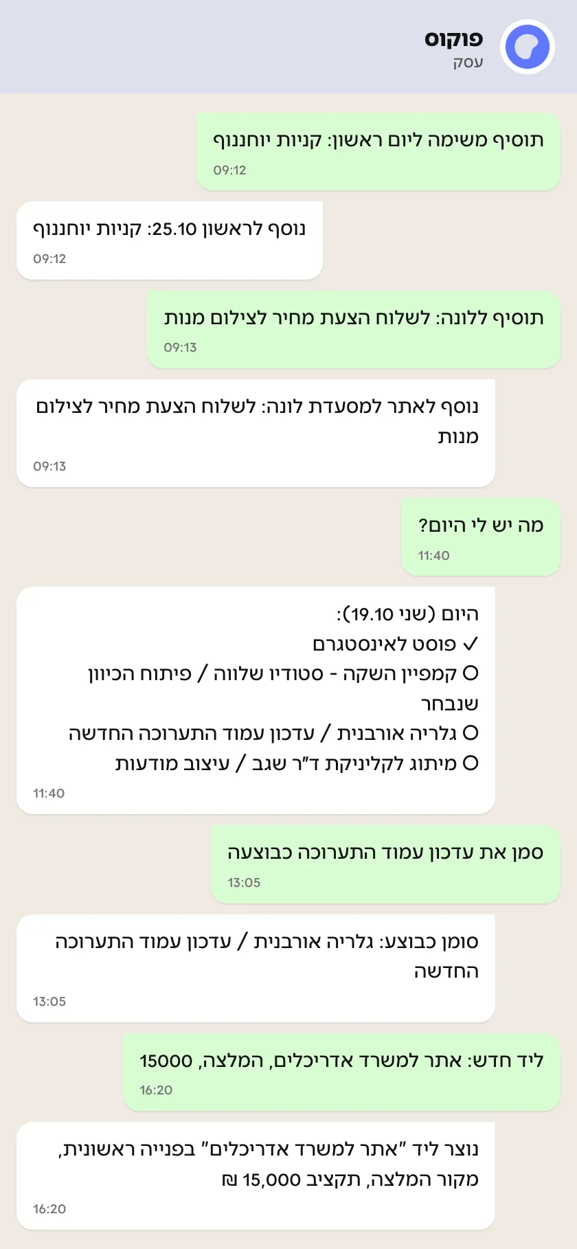 שיחה עם פוקוס בוואטסאפ: משימות, שלבים ולידים נוצרים מהודעה חופשית